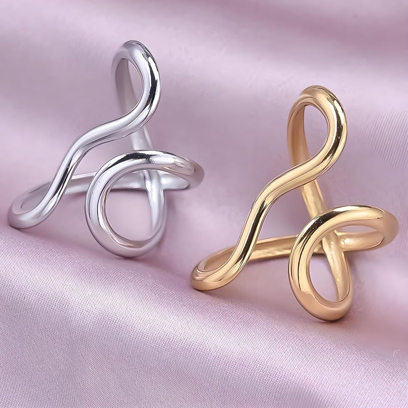 AiTURE Chunky Rings For Women, Gold Silver Thumb Ring Asymmetrical Wavy Curve Ring Adjustable Non Tarnish Dainty Stainless Steel New Year Anniversary Birthday Jewelry Gift - Image 5